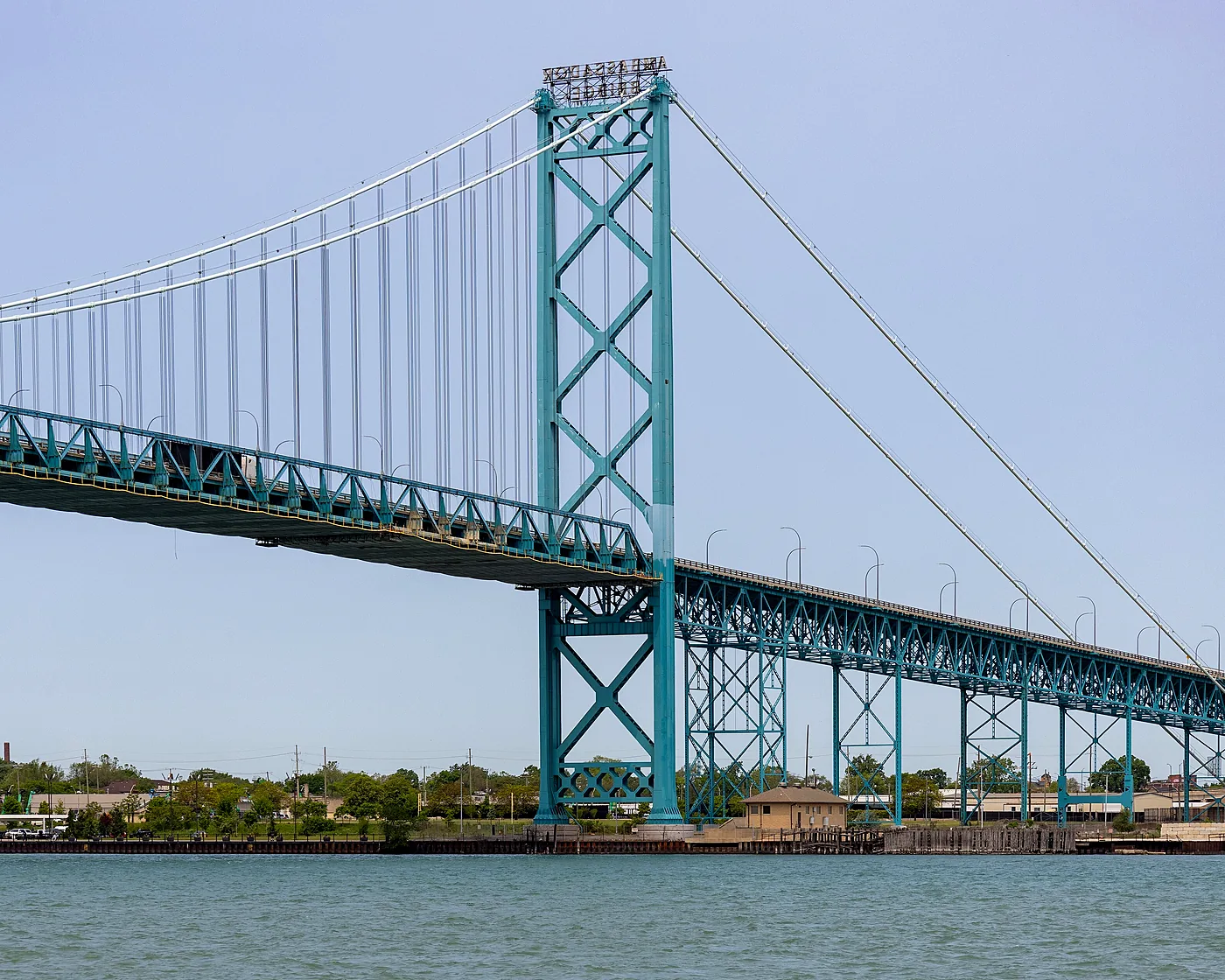 The Ambassador Bridge between Windsor, Ontario and Detroit, Michigan, the busiest commercial crossing on the Canada–US border